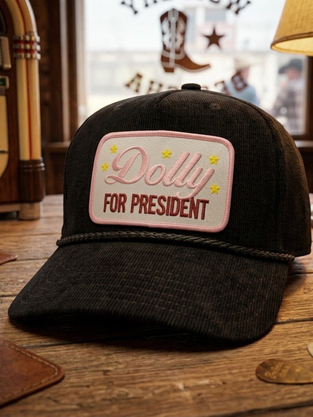 Dolly For President Hat Corduroy Rope Black Country Music Patch Snapback USA 70s